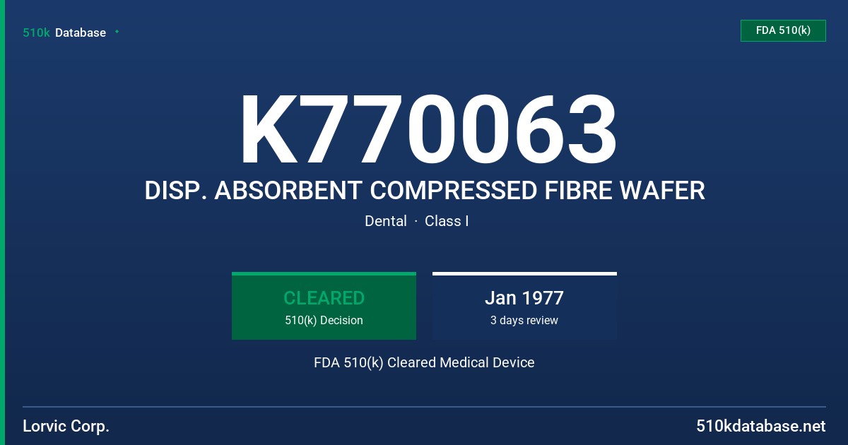 K770063 DISP. ABSORBENT COMPRESSED FIBRE WAFER FDA 510(k) Cleared Medical Device