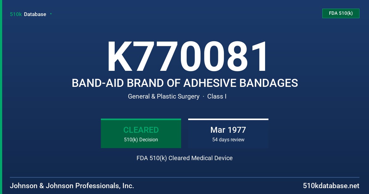 K770081 BAND-AID BRAND OF ADHESIVE BANDAGES FDA 510(k) Cleared Medical Device