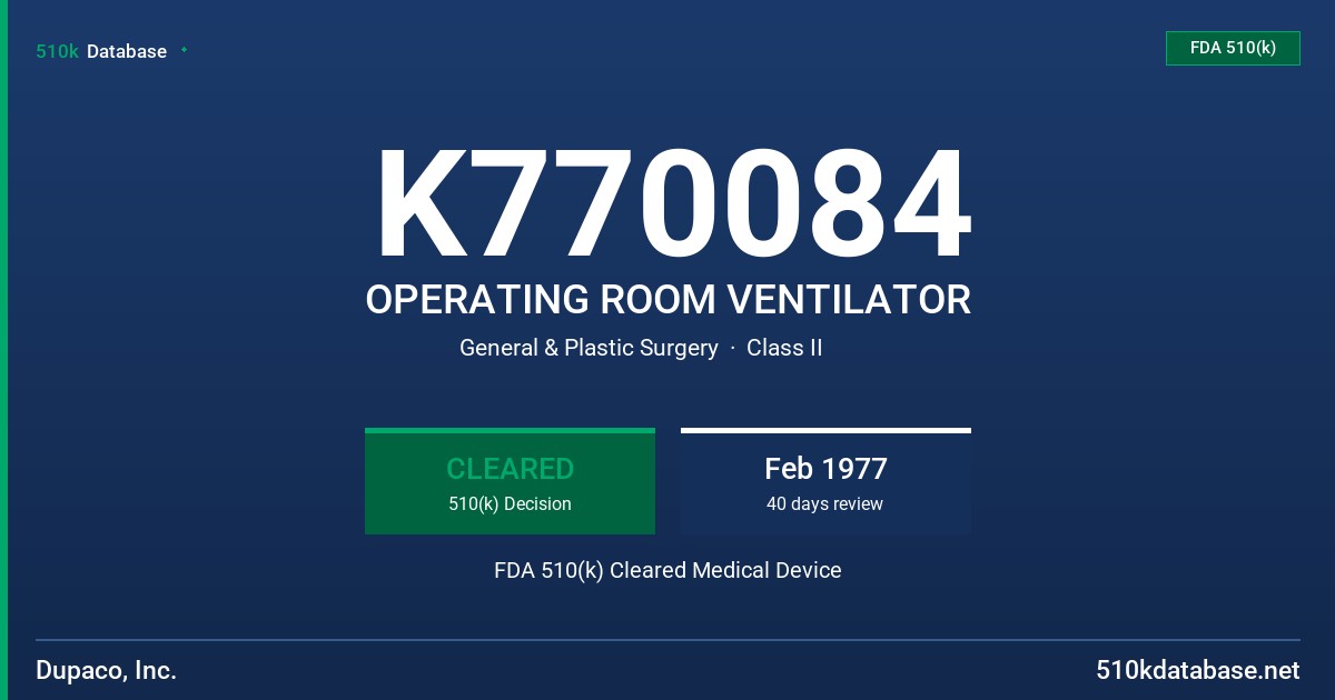 K770084 OPERATING ROOM VENTILATOR FDA 510(k) Cleared Medical Device