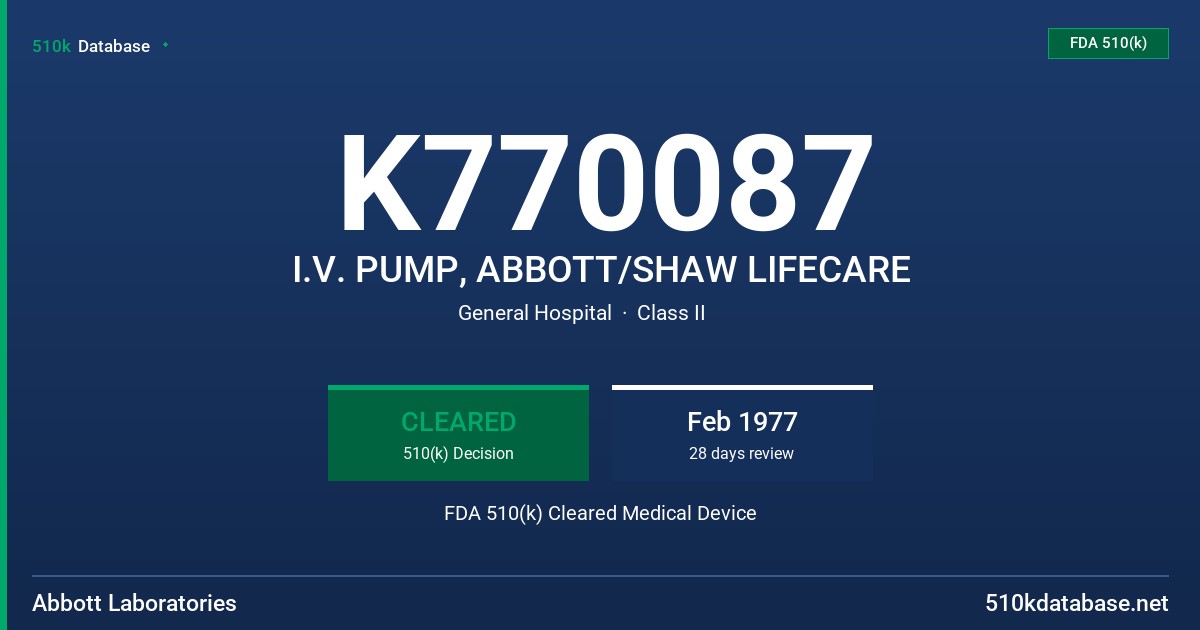 K770087 I.V. PUMP, ABBOTT/SHAW LIFECARE FDA 510(k) Cleared Medical Device