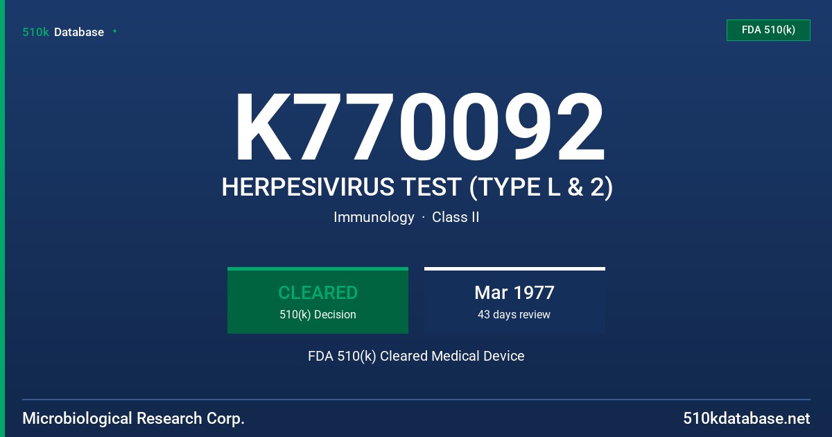 K770092 HERPESIVIRUS TEST (TYPE L & 2) FDA 510(k) Cleared Medical Device