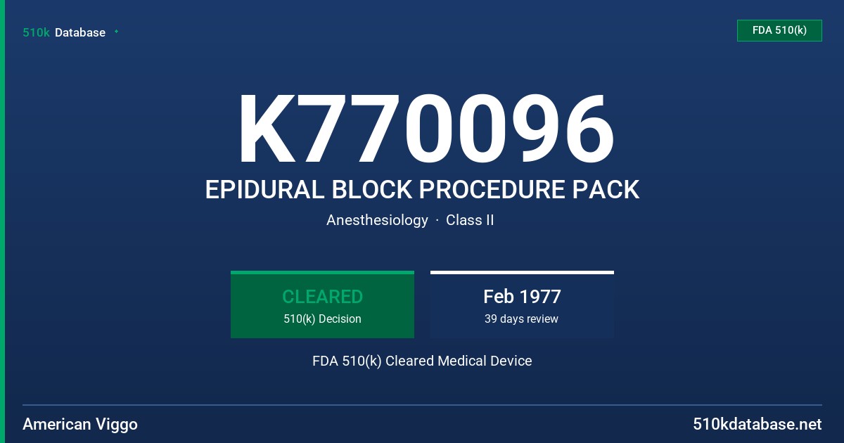 K770096 EPIDURAL BLOCK PROCEDURE PACK FDA 510(k) Cleared Medical Device
