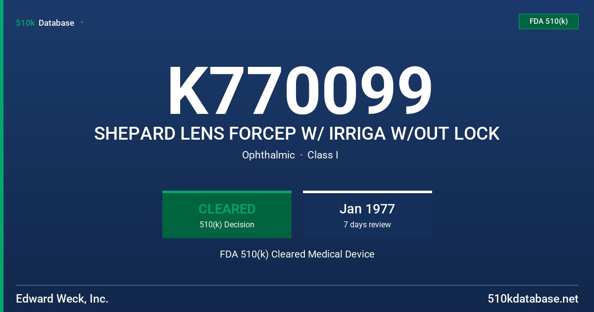 K770099 SHEPARD LENS FORCEP W/ IRRIGA W/OUT LOCK FDA 510(k) Cleared Medical Device