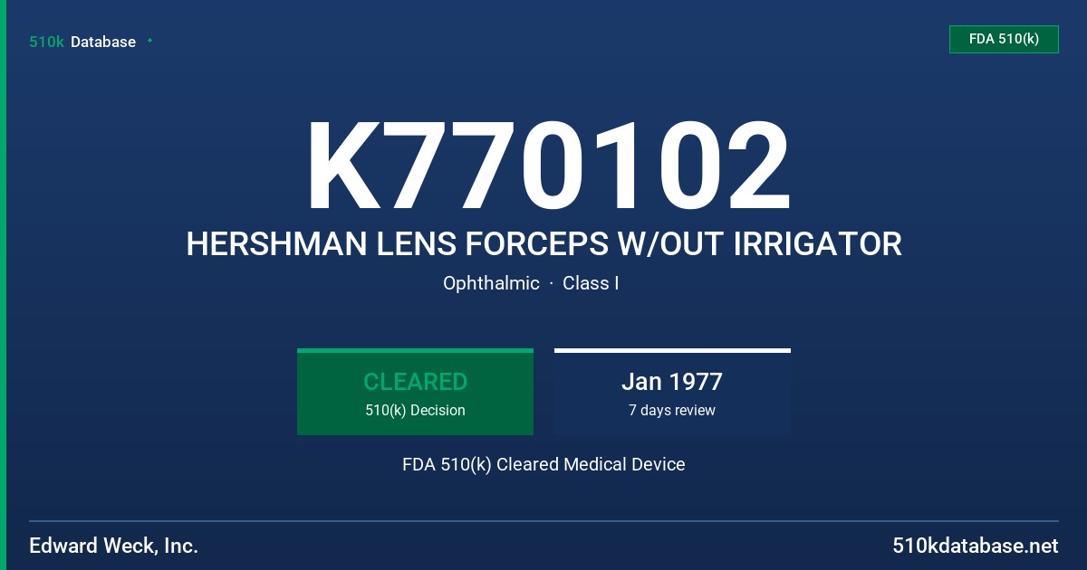 K770102 HERSHMAN LENS FORCEPS W/OUT IRRIGATOR FDA 510(k) Cleared Medical Device