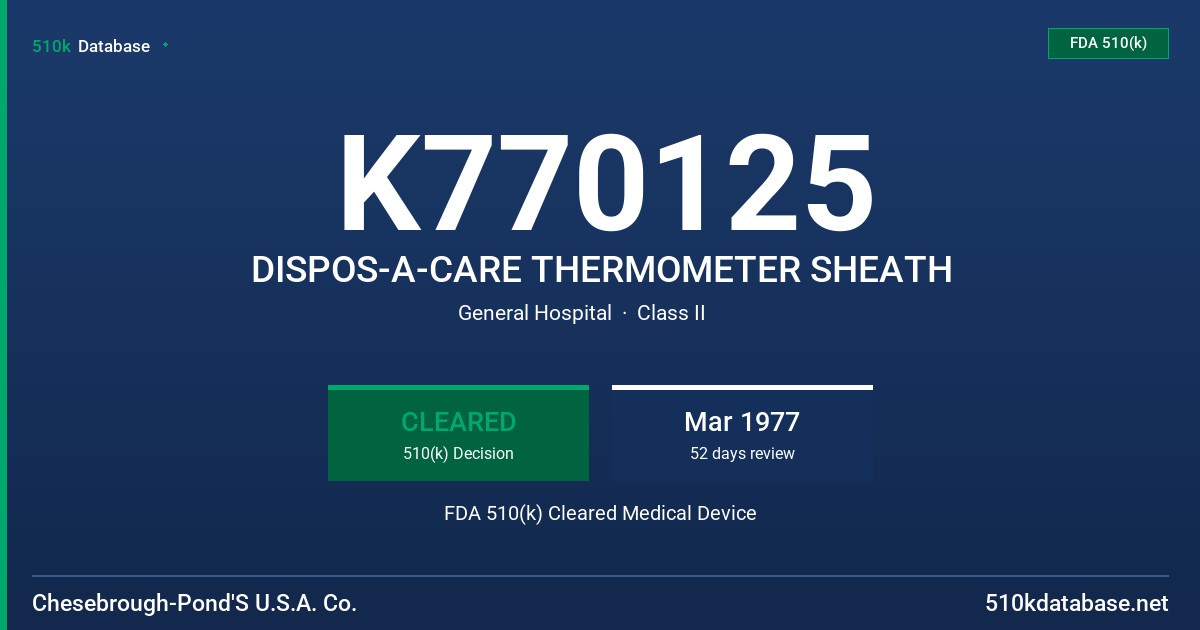 K770125 DISPOS-A-CARE THERMOMETER SHEATH FDA 510(k) Cleared Medical Device