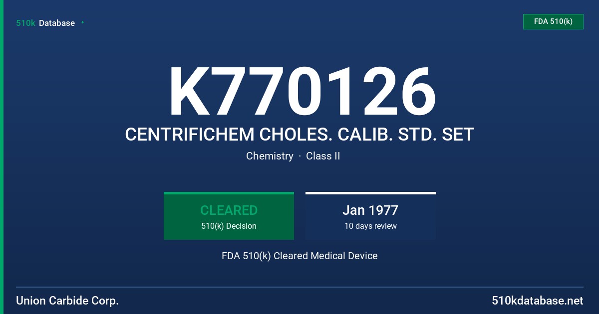 K770126 CENTRIFICHEM CHOLES. CALIB. STD. SET FDA 510(k) Cleared Medical Device