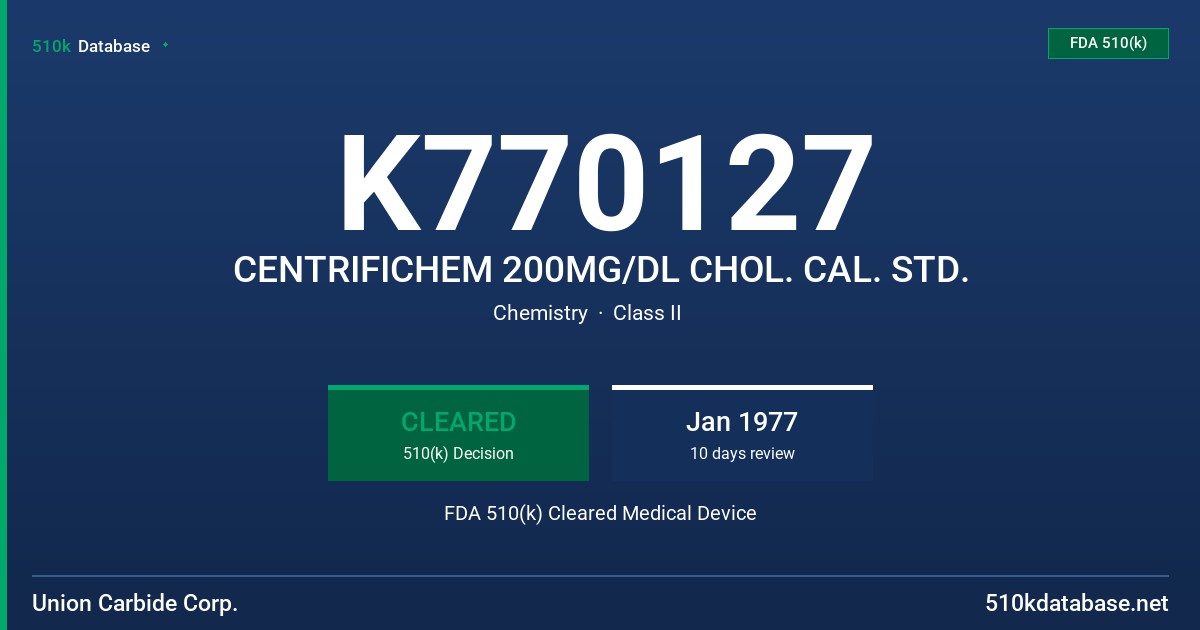 K770127 CENTRIFICHEM 200MG/DL CHOL. CAL. STD. FDA 510(k) Cleared Medical Device