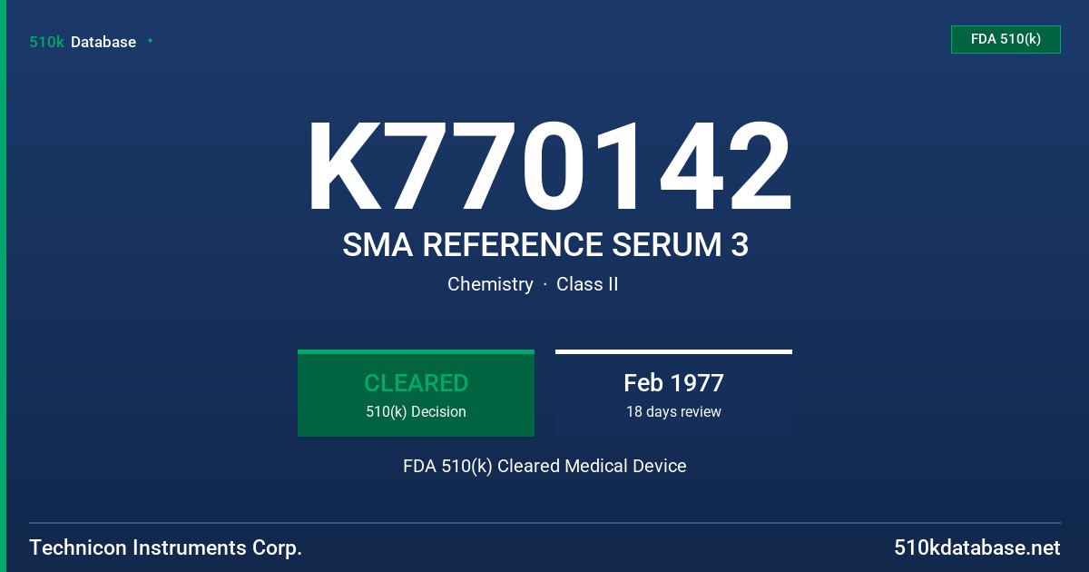 K770142 SMA REFERENCE SERUM 3 FDA 510(k) Cleared Medical Device