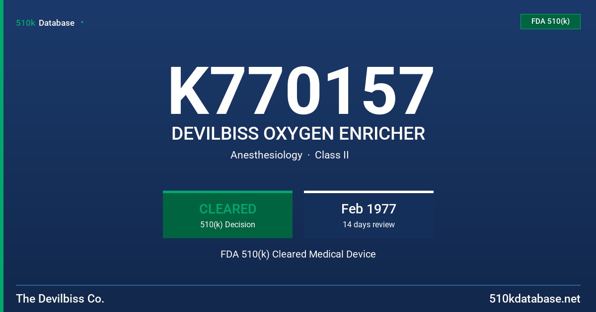 K770157 DEVILBISS OXYGEN ENRICHER FDA 510(k) Cleared Medical Device