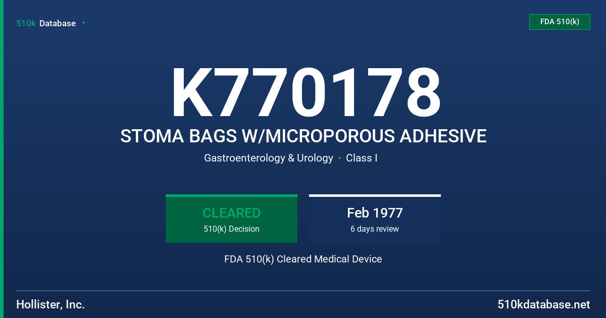 K770178 STOMA BAGS W/MICROPOROUS ADHESIVE FDA 510(k) Cleared Medical Device