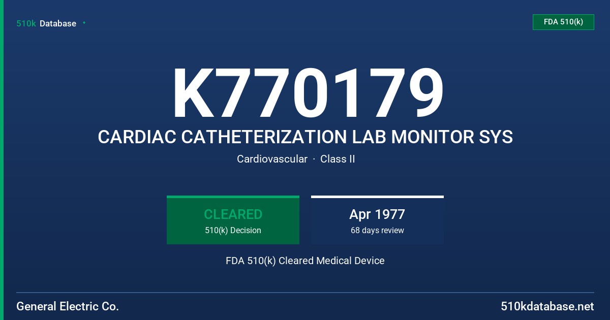 K770179 CARDIAC CATHETERIZATION LAB MONITOR SYS FDA 510(k) Cleared Medical Device