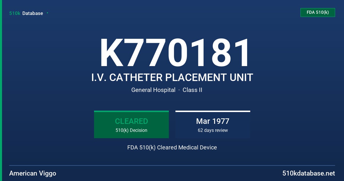 K770181 I.V. CATHETER PLACEMENT UNIT FDA 510(k) Cleared Medical Device