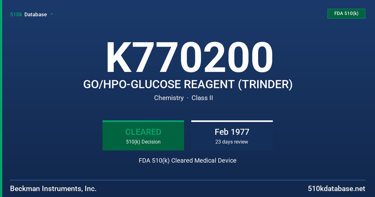 K770200 GO/HPO-GLUCOSE REAGENT (TRINDER) FDA 510(k) Cleared Medical Device