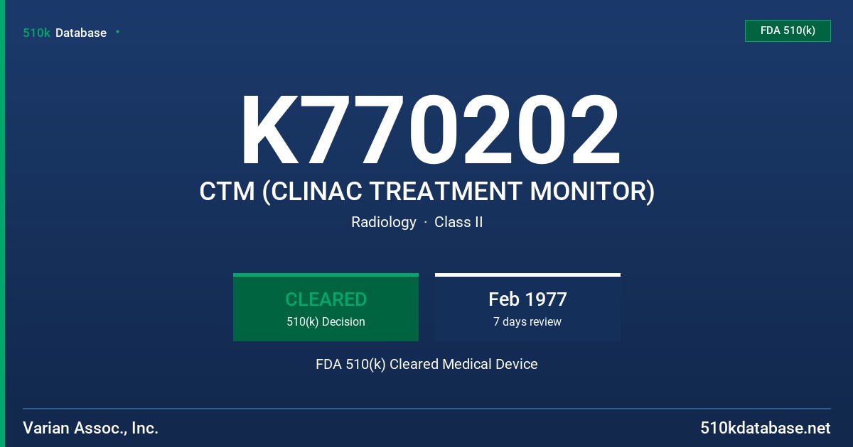 K770202 CTM (CLINAC TREATMENT MONITOR) FDA 510(k) Cleared Medical Device