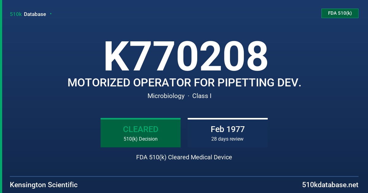 K770208 MOTORIZED OPERATOR FOR PIPETTING DEV. FDA 510(k) Cleared Medical Device