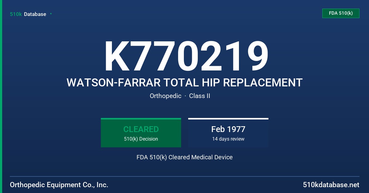 K770219 WATSON-FARRAR TOTAL HIP REPLACEMENT FDA 510(k) Cleared Medical Device