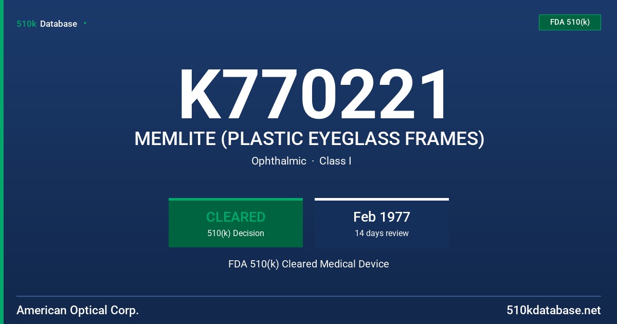 K770221 MEMLITE (PLASTIC EYEGLASS FRAMES) FDA 510(k) Cleared Medical Device