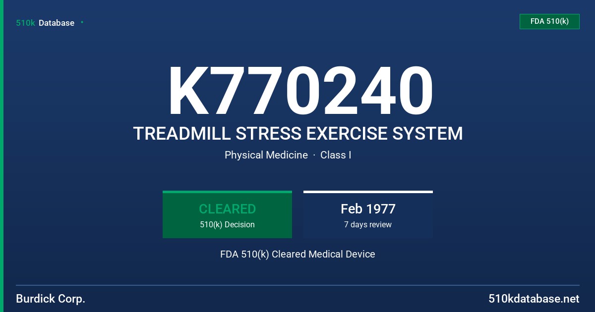 K770240 TREADMILL STRESS EXERCISE SYSTEM FDA 510(k) Cleared Medical Device