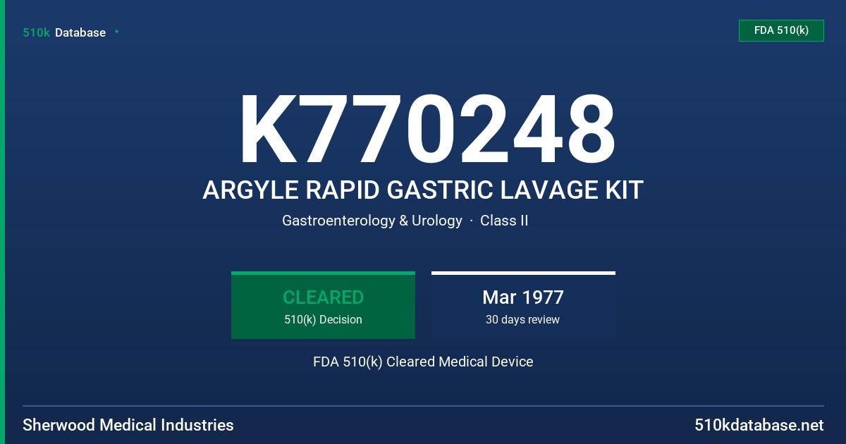 K770248 ARGYLE RAPID GASTRIC LAVAGE KIT FDA 510(k) Cleared Medical Device