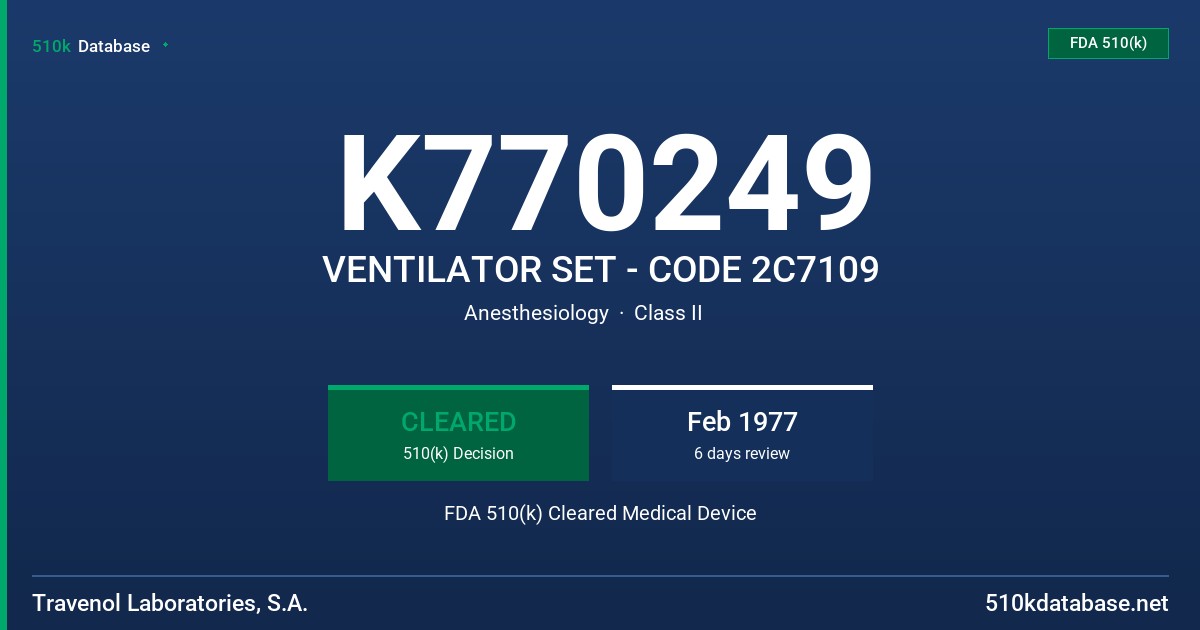 K770249 VENTILATOR SET - CODE 2C7109 FDA 510(k) Cleared Medical Device