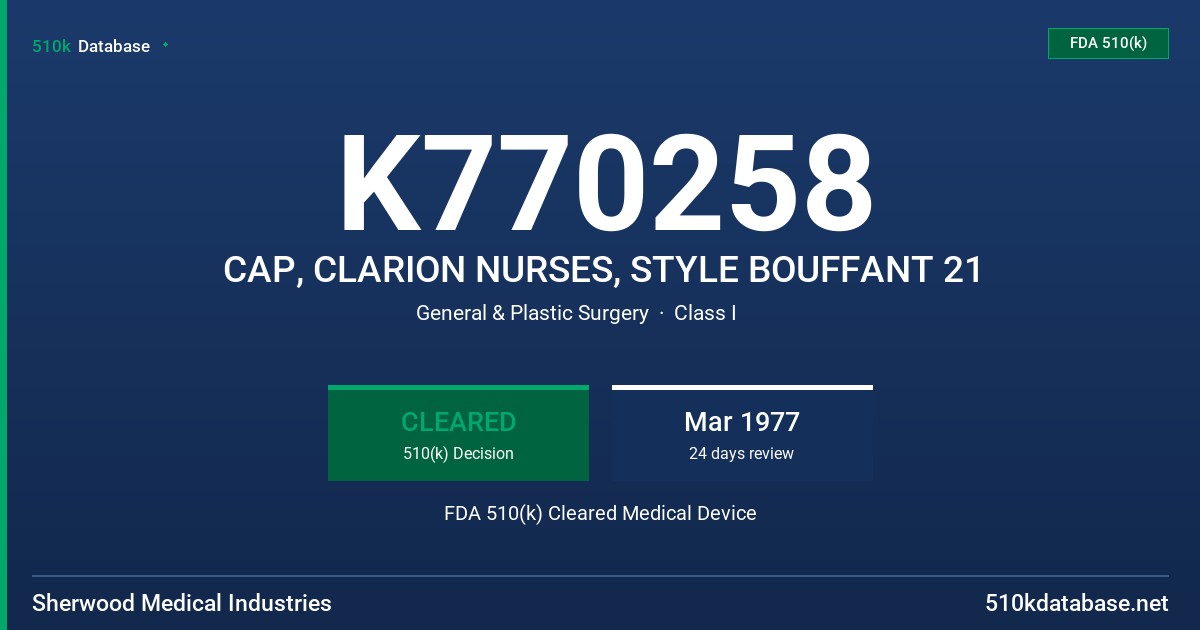 K770258 CAP, CLARION NURSES, STYLE BOUFFANT 21 FDA 510(k) Cleared Medical Device