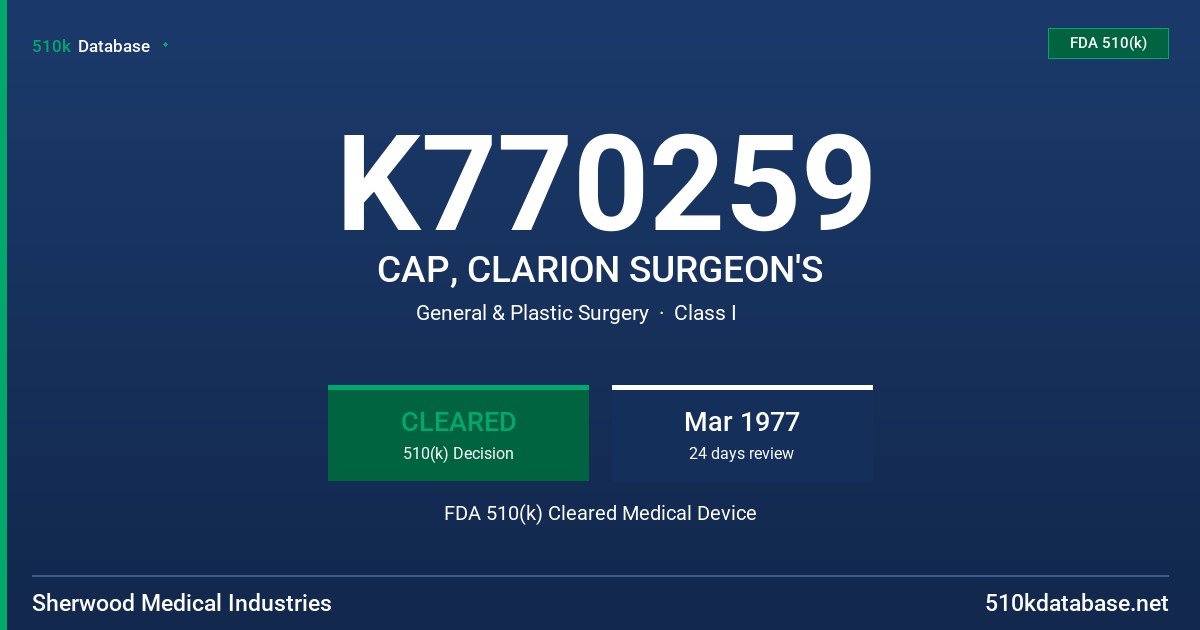 K770259 CAP, CLARION SURGEON'S FDA 510(k) Cleared Medical Device