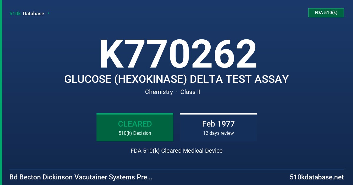 K770262 GLUCOSE (HEXOKINASE) DELTA TEST ASSAY FDA 510(k) Cleared Medical Device