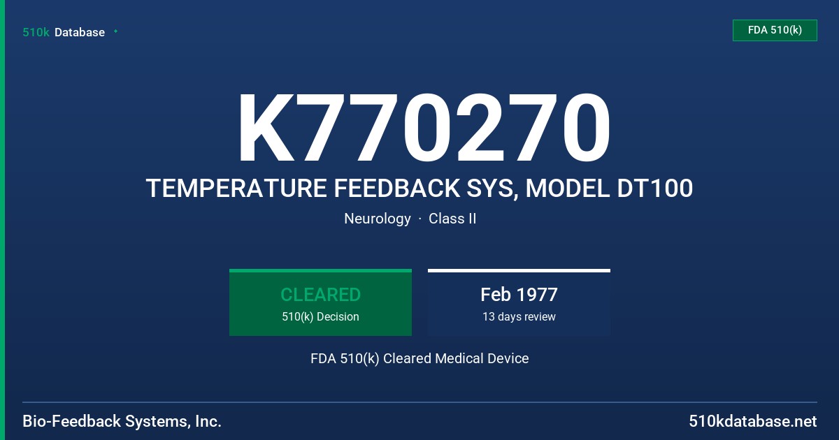 K770270 TEMPERATURE FEEDBACK SYS, MODEL DT100 FDA 510(k) Cleared Medical Device