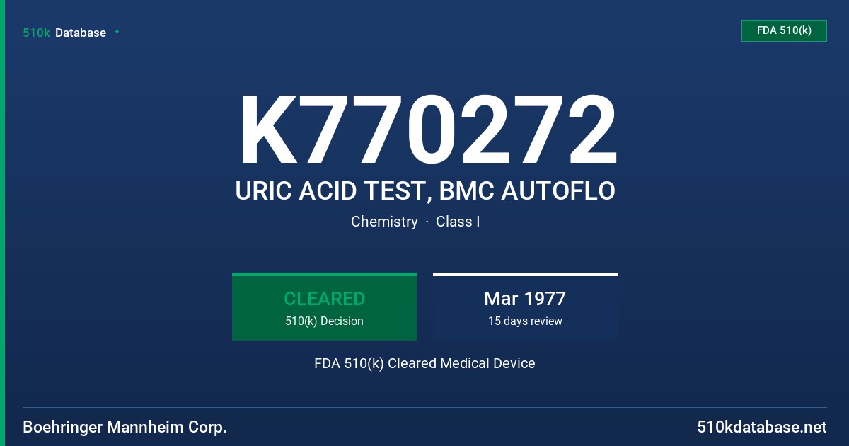 K770272 URIC ACID TEST, BMC AUTOFLO FDA 510(k) Cleared Medical Device
