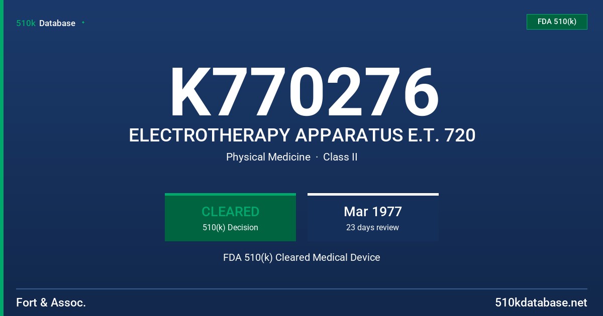 K770276 ELECTROTHERAPY APPARATUS E.T. 720 FDA 510(k) Cleared Medical Device