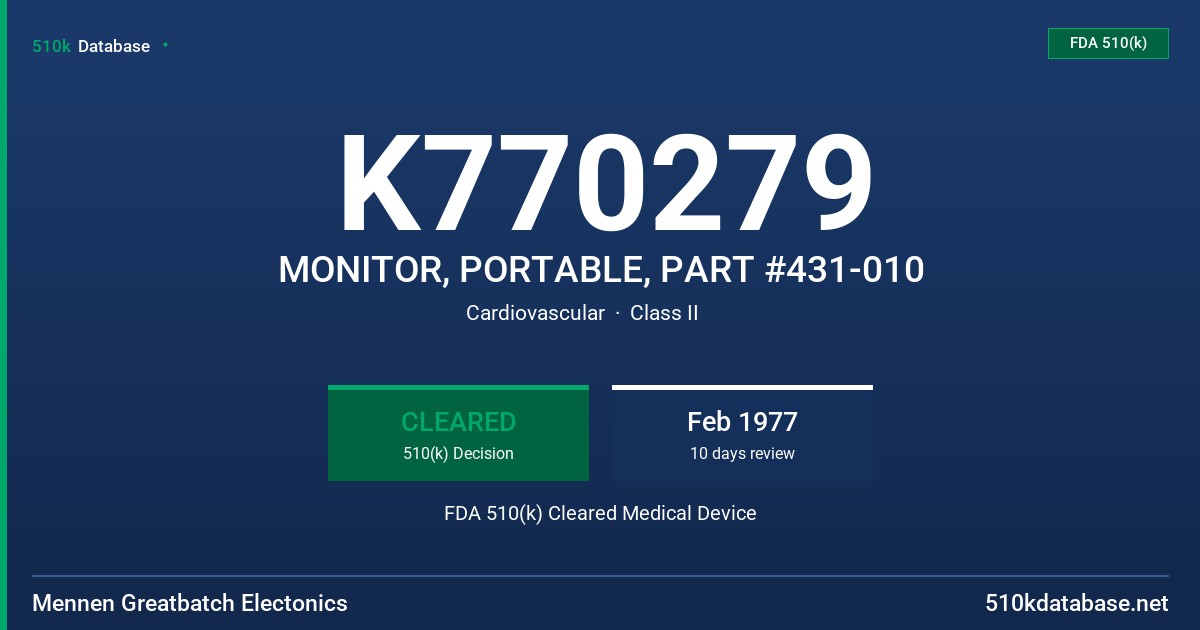 K770279 MONITOR, PORTABLE, PART #431-010 FDA 510(k) Cleared Medical Device