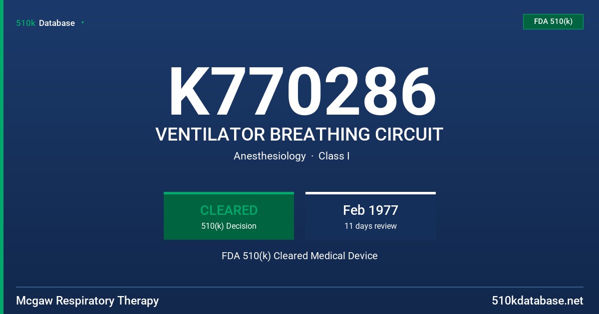 K770286 VENTILATOR BREATHING CIRCUIT FDA 510(k) Cleared Medical Device