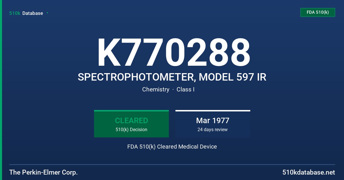 K770288 SPECTROPHOTOMETER, MODEL 597 IR FDA 510(k) Cleared Medical Device