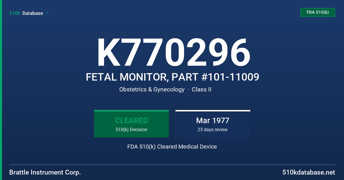 K770296 FETAL MONITOR, PART #101-11009 FDA 510(k) Cleared Medical Device