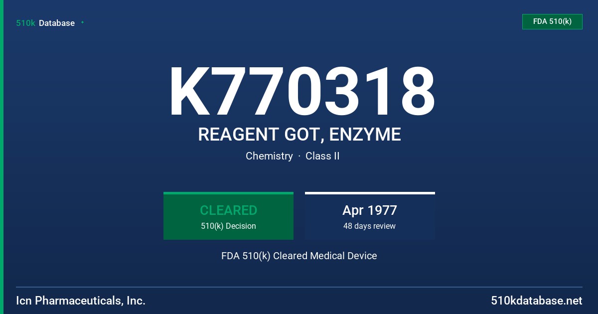 K770318 REAGENT GOT, ENZYME FDA 510(k) Cleared Medical Device