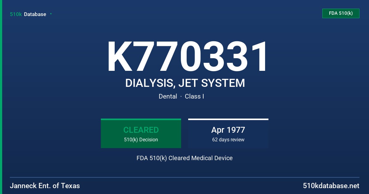 K770331 DIALYSIS, JET SYSTEM FDA 510(k) Cleared Medical Device