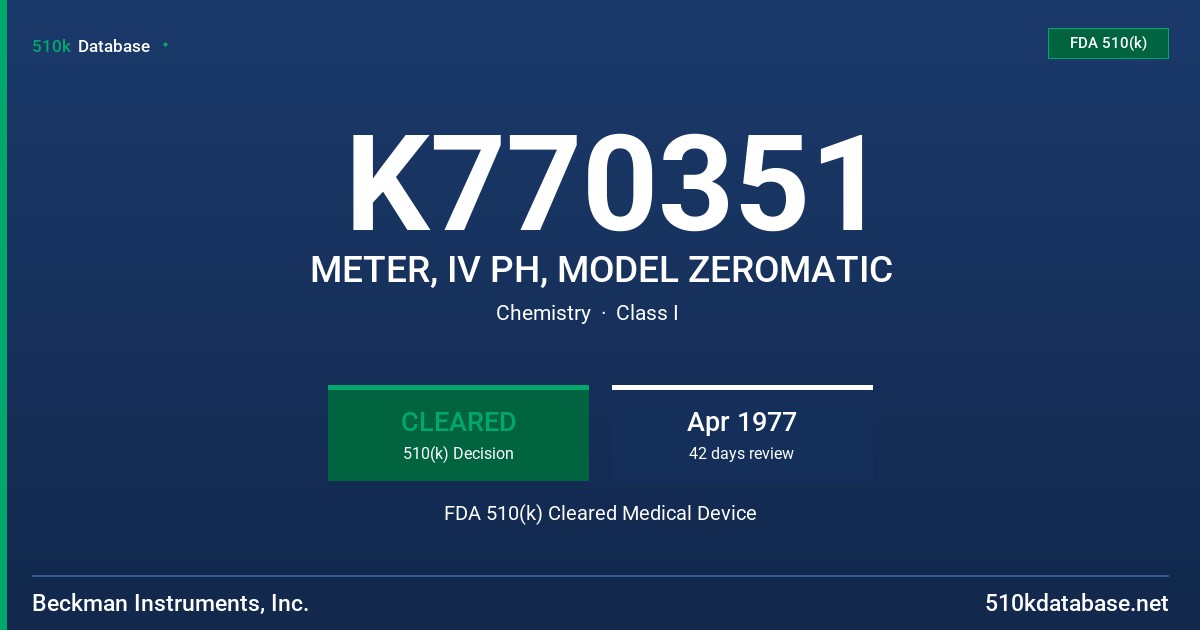 K770351 METER, IV PH, MODEL ZEROMATIC FDA 510(k) Cleared Medical Device