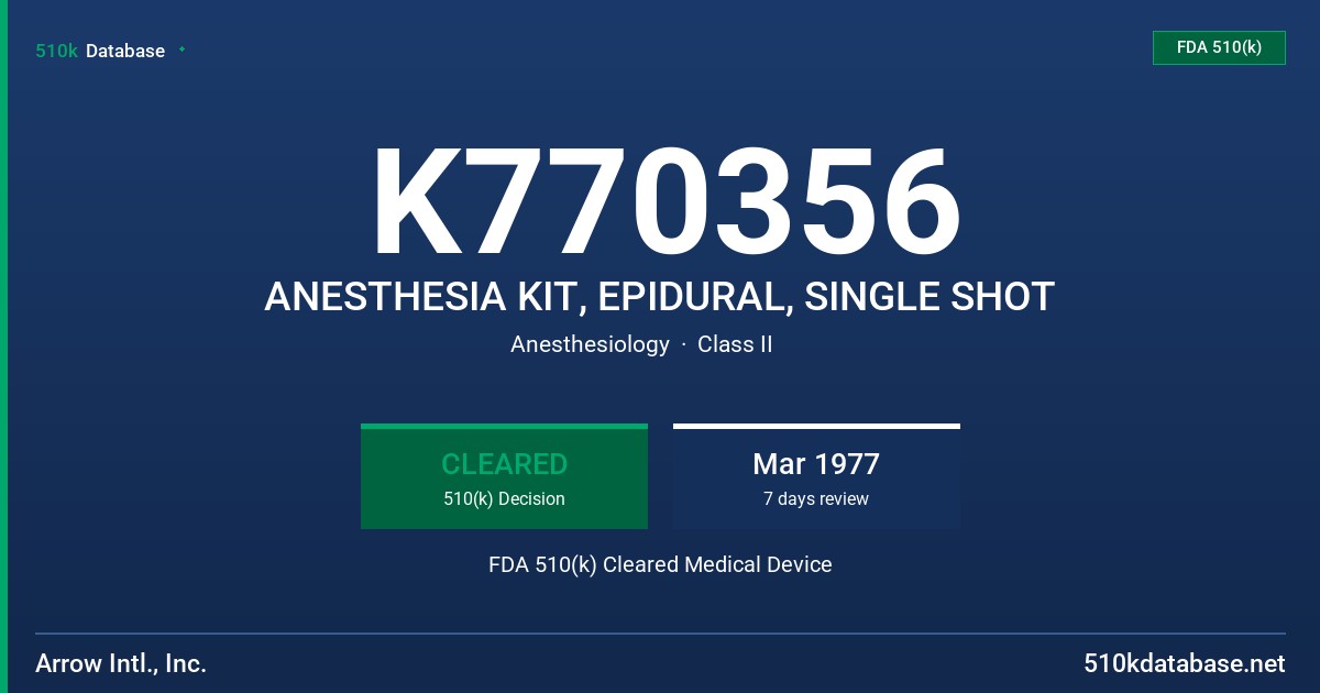 K770356 ANESTHESIA KIT, EPIDURAL, SINGLE SHOT FDA 510(k) Cleared Medical Device