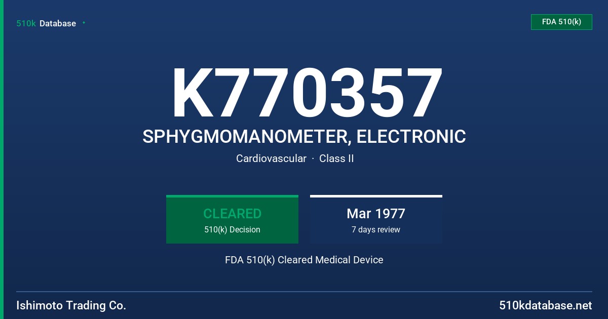 K770357 SPHYGMOMANOMETER, ELECTRONIC FDA 510(k) Cleared Medical Device