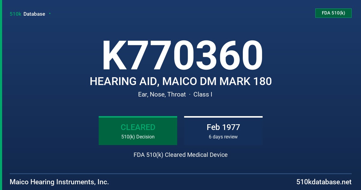 K770360 HEARING AID, MAICO DM MARK 180 FDA 510(k) Cleared Medical Device