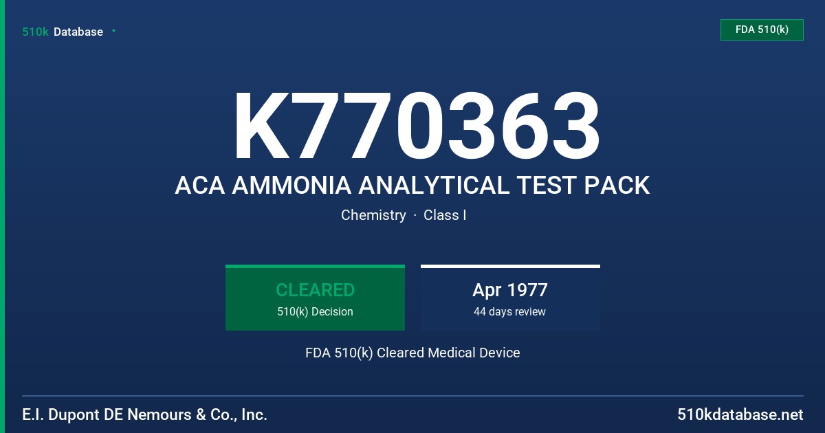 K770363 ACA AMMONIA ANALYTICAL TEST PACK FDA 510(k) Cleared Medical Device
