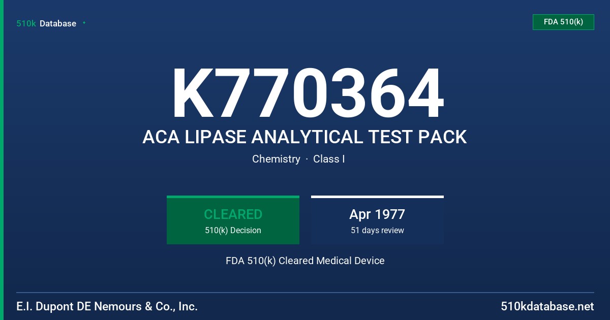 K770364 ACA LIPASE ANALYTICAL TEST PACK FDA 510(k) Cleared Medical Device
