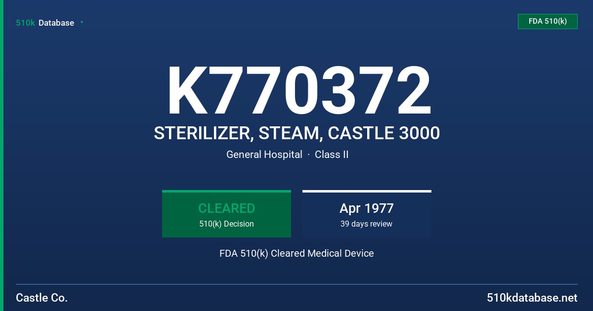 K770372 STERILIZER, STEAM, CASTLE 3000 FDA 510(k) Cleared Medical Device