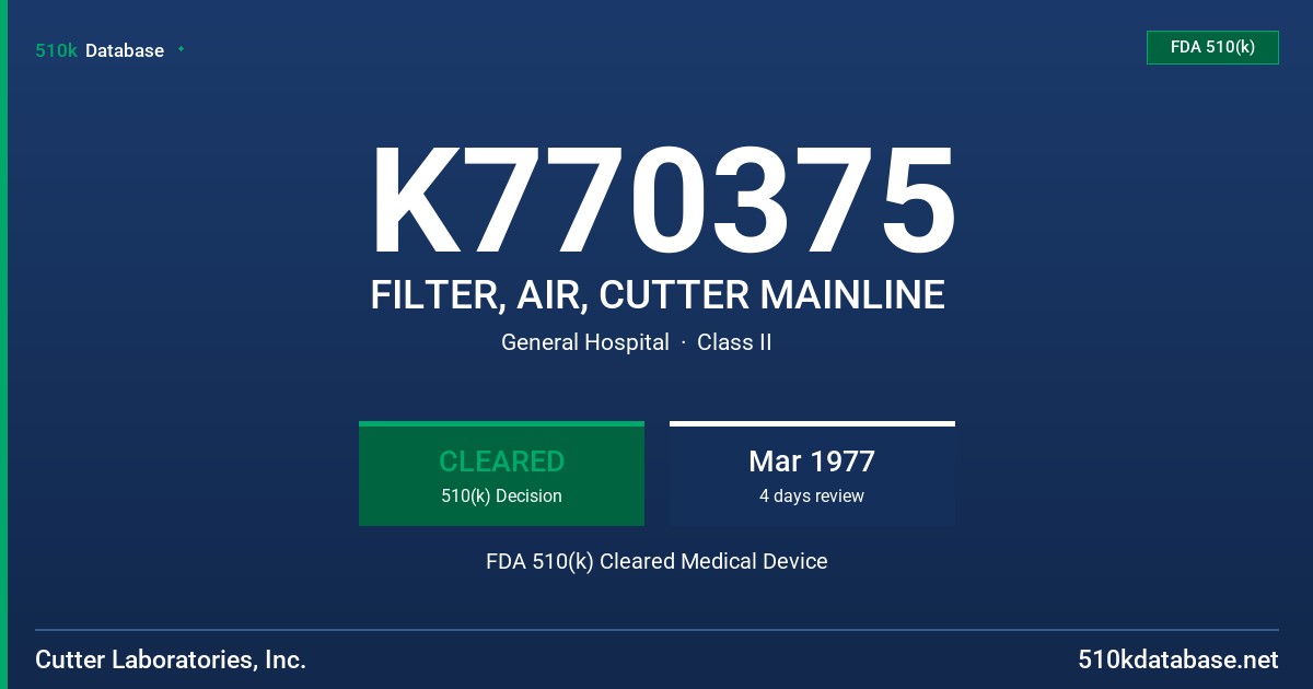 K770375 FILTER, AIR, CUTTER MAINLINE FDA 510(k) Cleared Medical Device