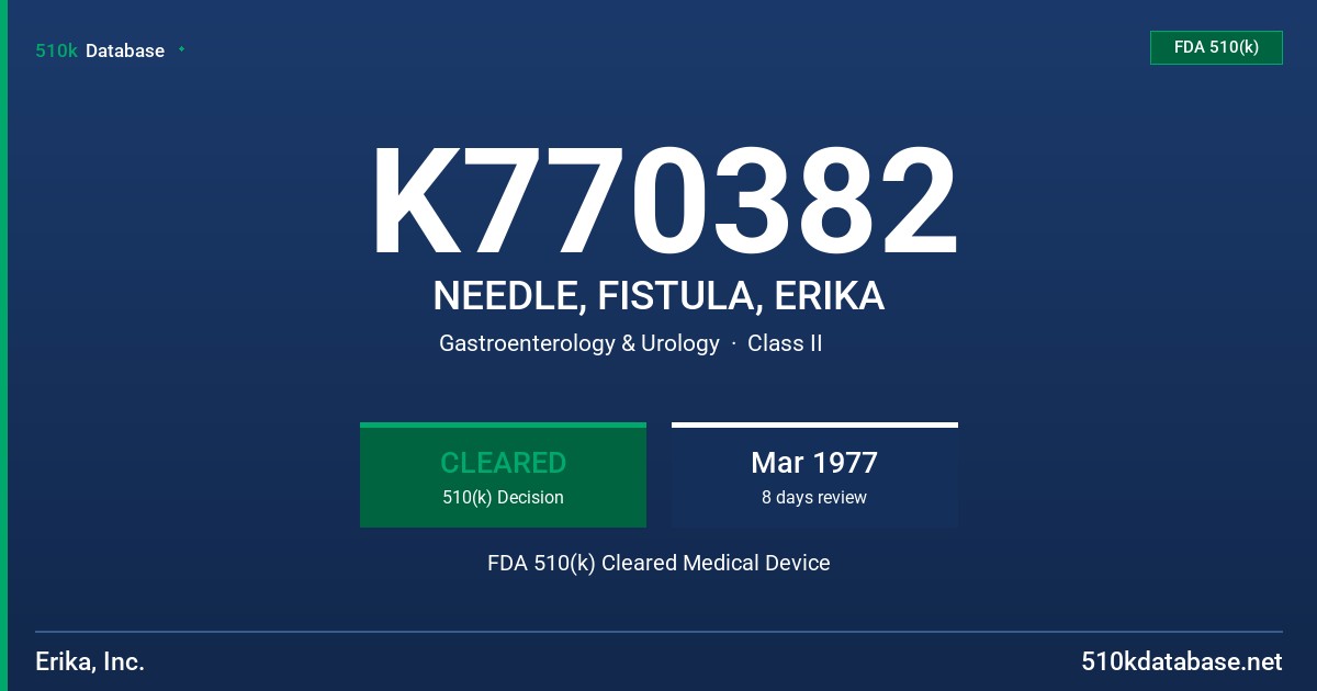 K770382 NEEDLE, FISTULA, ERIKA FDA 510(k) Cleared Medical Device