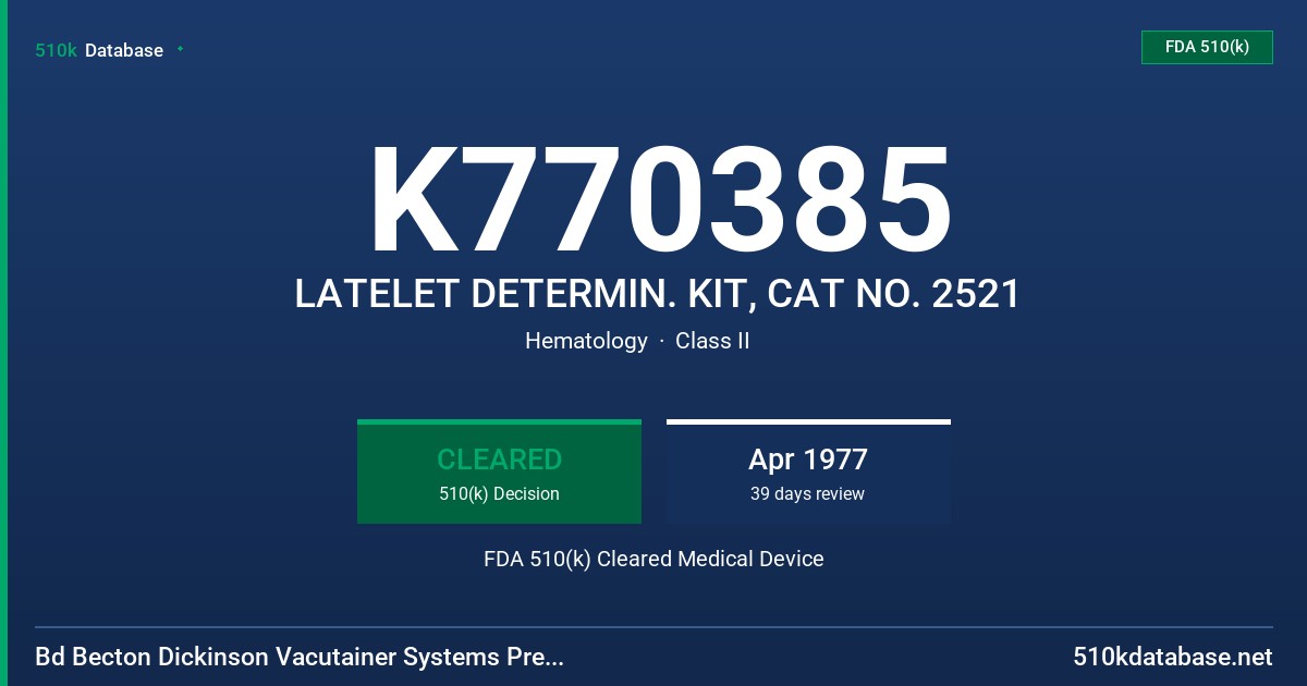 K770385 LATELET DETERMIN. KIT, CAT NO. 2521 FDA 510(k) Cleared Medical Device