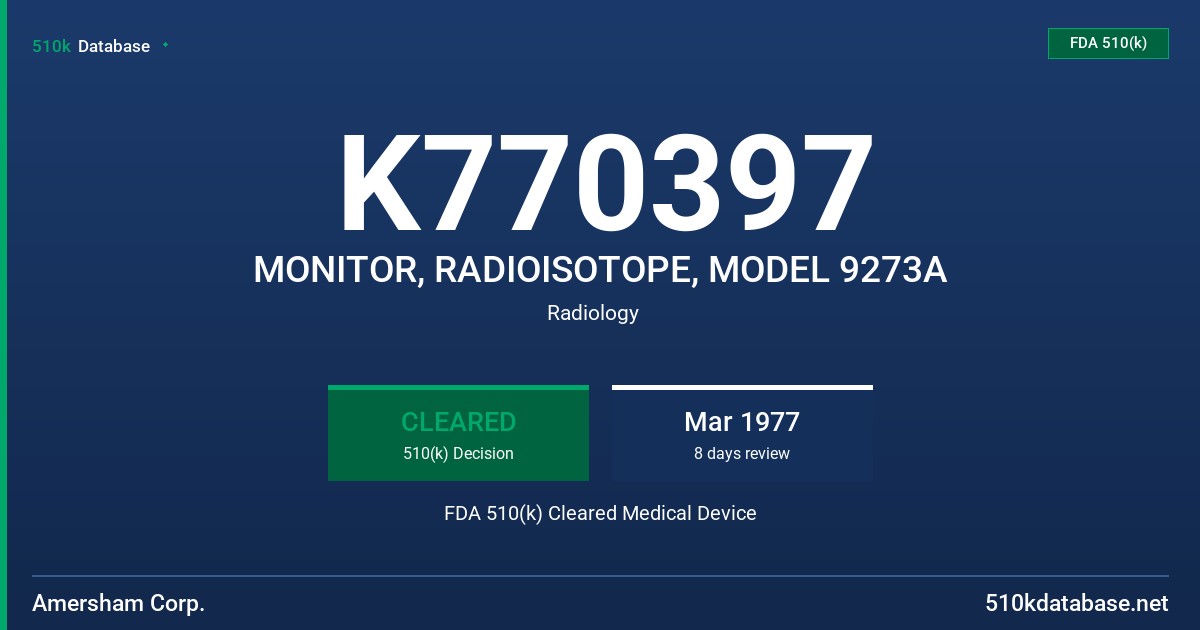 K770397 MONITOR, RADIOISOTOPE, MODEL 9273A FDA 510(k) Cleared Medical Device