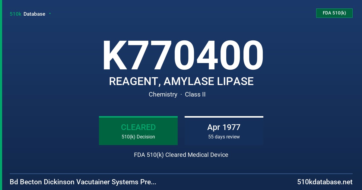 K770400 REAGENT, AMYLASE LIPASE FDA 510(k) Cleared Medical Device