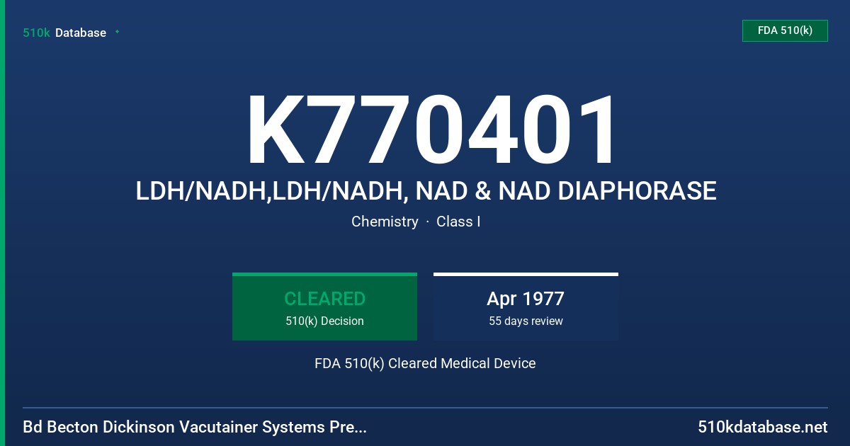 K770401 LDH/NADH,LDH/NADH, NAD & NAD DIAPHORASE FDA 510(k) Cleared Medical Device