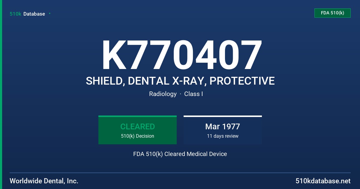 K770407 SHIELD, DENTAL X-RAY, PROTECTIVE FDA 510(k) Cleared Medical Device